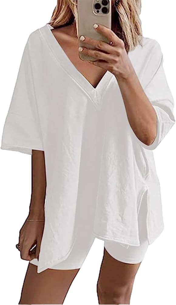 Shiyifa Women's 2 Piece Outfits Stretchy Oversized V Neck Reversible T-shirt Biker Shorts Set Wor... | Amazon (US)