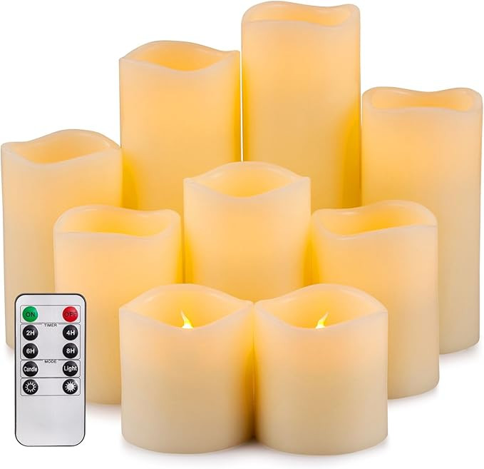 RY King Set of 9 Large Pillar Real Wax Flameless LED Battery Operated Flickering Electric Candles... | Amazon (US)