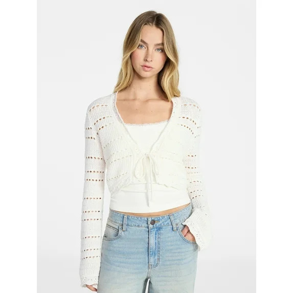 No Boundaries Tie Front Pointelle Cardigan, Women’s XXS-XXL | Walmart (US)