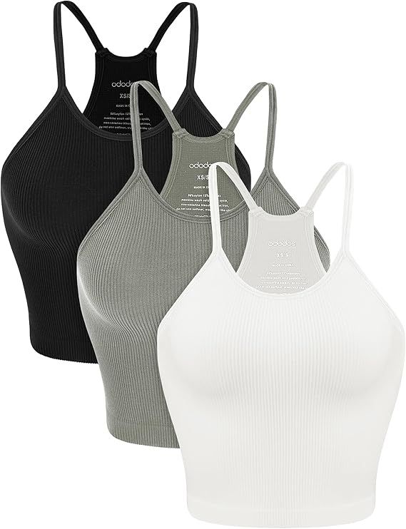 ODODOS Women's Crop 3-Pack Washed Seamless Rib-Knit Camisole Crop Tank Tops | Amazon (US)