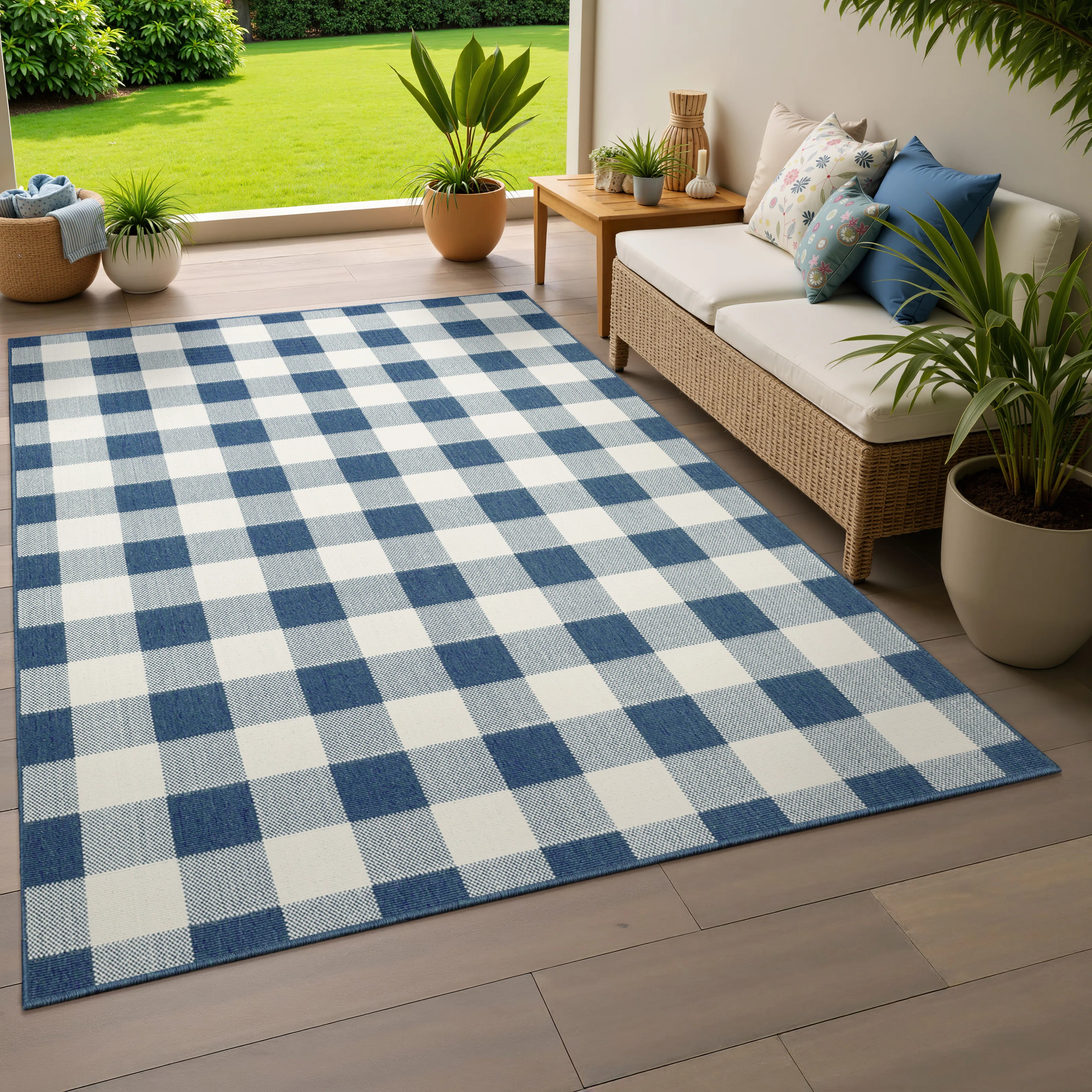 Sand & Stable\u2122 Mac Plaid Indoor / Outdoor Area Rug in Blue/Ivory & Reviews | Wayfair | Wayfair North America