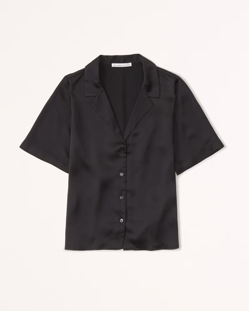 Abercrombie & Fitch Women's Short-Sleeve Satin Button-Up Shirt in Black - Size XXS | Abercrombie & Fitch (US)