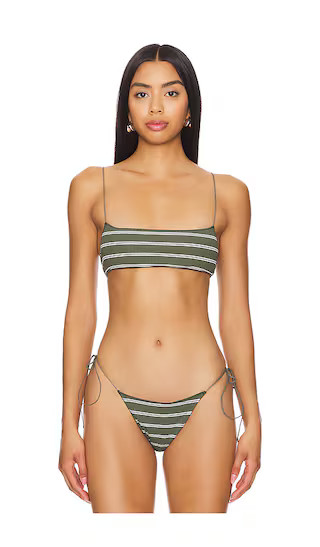 The C Bralette Bikini Top in White & Olive Stripe Rib | Revolve Clothing (Global)