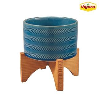 Jenkins Small Blue Ceramic Planter with Wood Stand (5 in. L x 5 in. W x 6.3 in. H) | The Home Depot