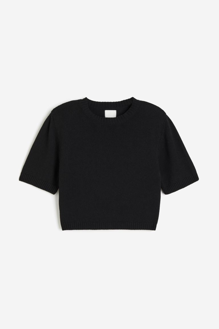 Knitted shoulder-pad top - Black/Striped - Ladies | H&M GB | H&M (UK, MY, IN, SG, PH, TW, HK)