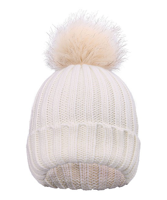 Simplicity Women's Beanies White - White & Beige Fuzzy Pom-Pom Beanie - Women | Zulily