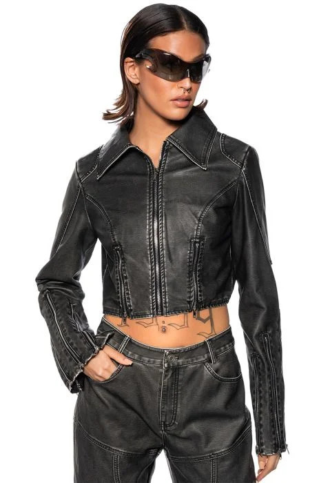 FAST LANE FAUX LEATHER MOTO JACKET IN GREY | AKIRA