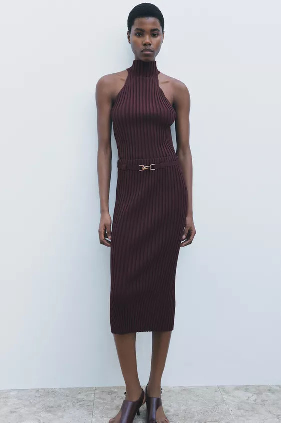 Sleeveless ribbed knit top with a high halter neck. | Zara UK