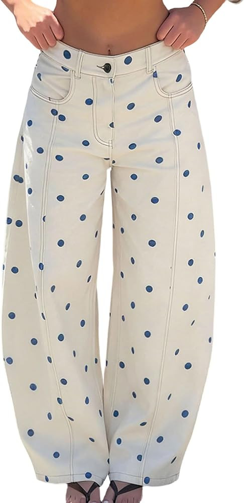 Women's Polka Dot Pattern Barrel Jeans Boyfriend Y2K Casual Wide Leg Mid Rise Denim Pants | Amazon (US)