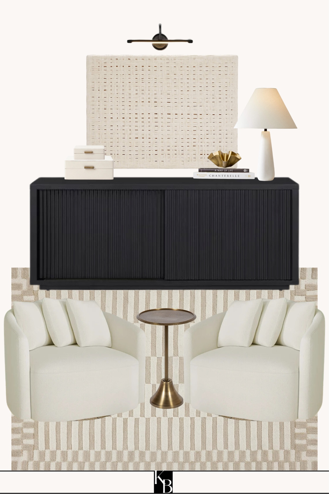 Living room decor, living room mood board, seating area, modern home decor, neutral home decor, white accent chair, black buffet cabinet, white lamp, decorative box, neutral wall art, beige rug

#LTKhome #LTKstyletip