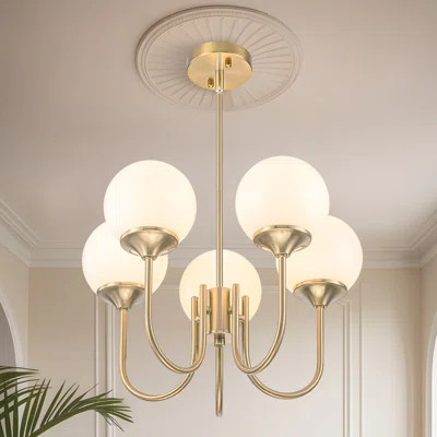 5 Light Gold Globe White Milk Glass Chandelier Mid Century Modern Sputnik Ceiling Light Fixture E26 Brass Vintage Pendant Light Kitchen Island Hanging | Wayfair North America