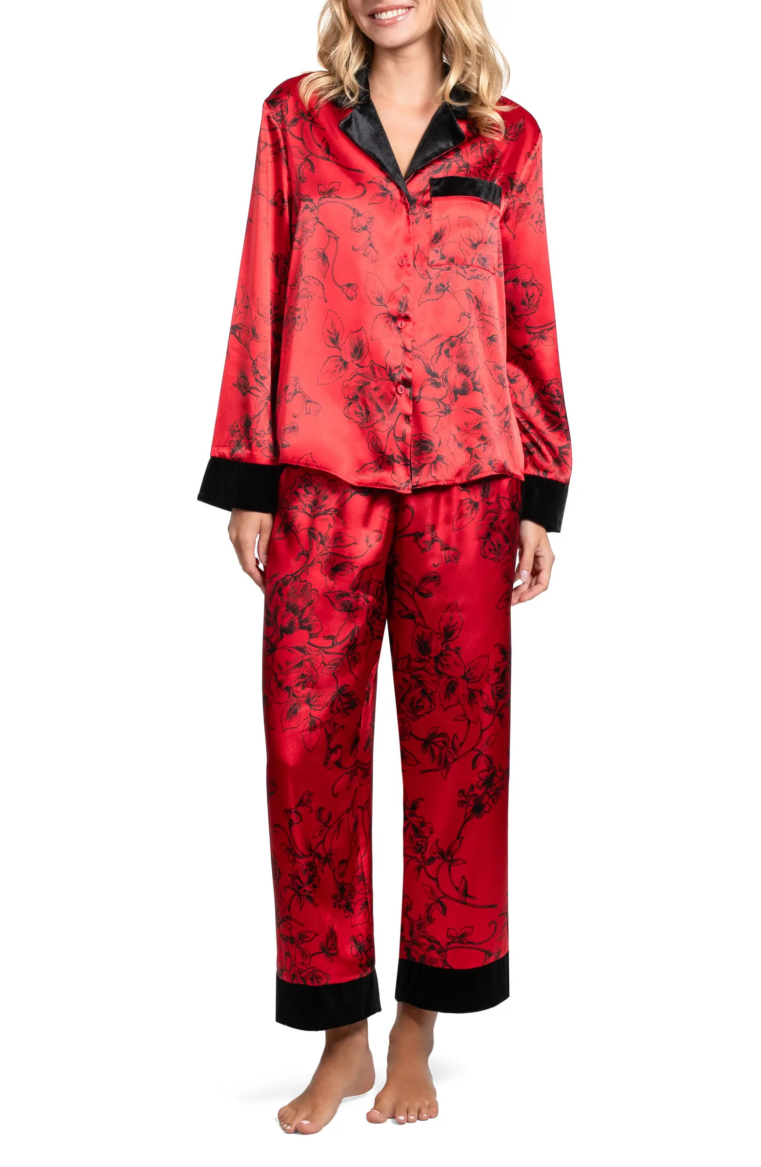 In Bloom by Jonquil Velvet Trim Floral Print Satin Pajamas | Nordstromrack | Nordstrom Rack
