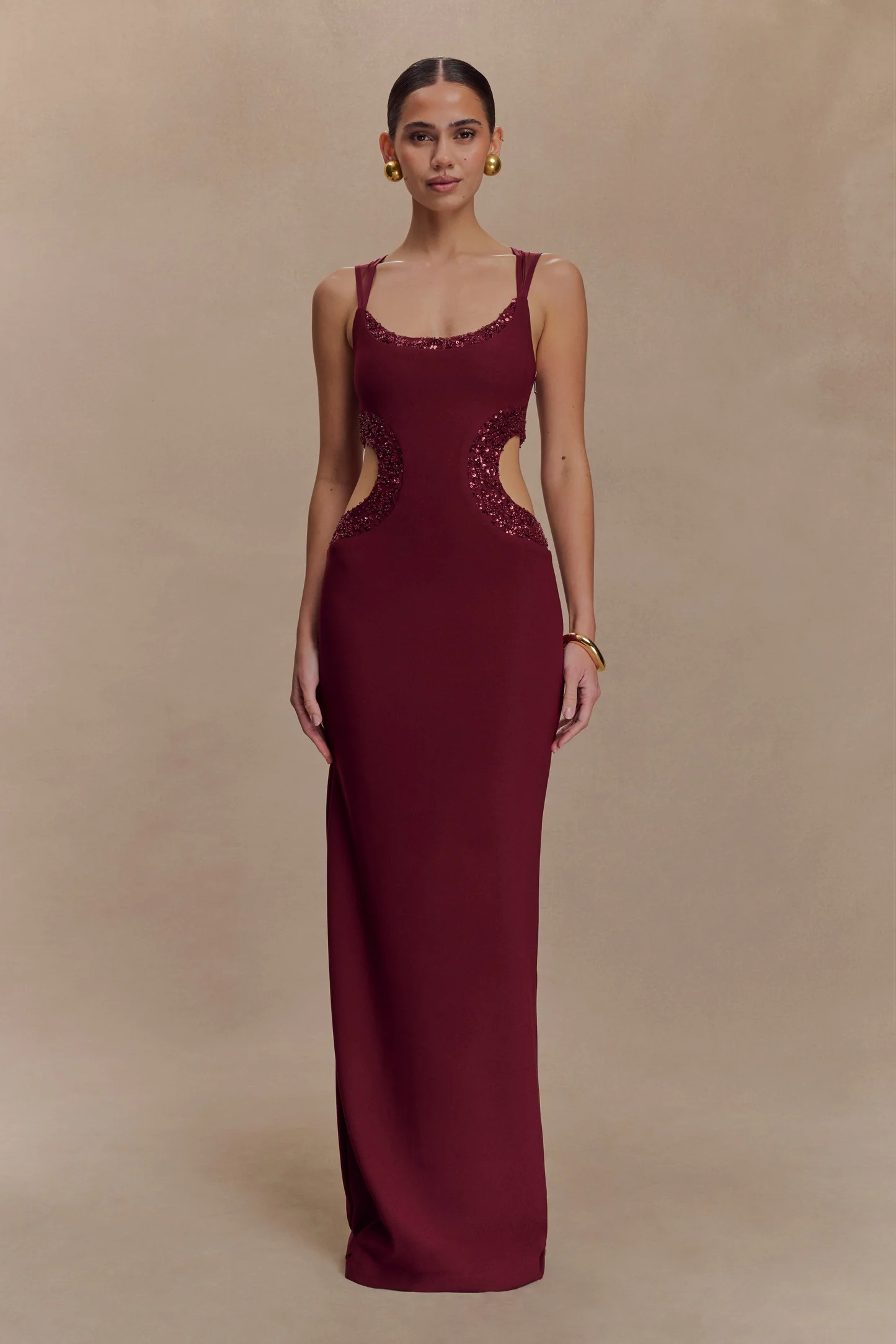 Beaded Crepe Maxi Dress - Wine | MESHKI US