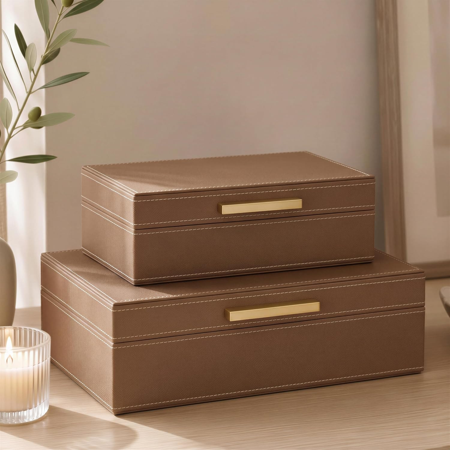 Decorative Storage Boxes with Lids - Set of 2 PU Leather Organizer Bins | Amazon (US)