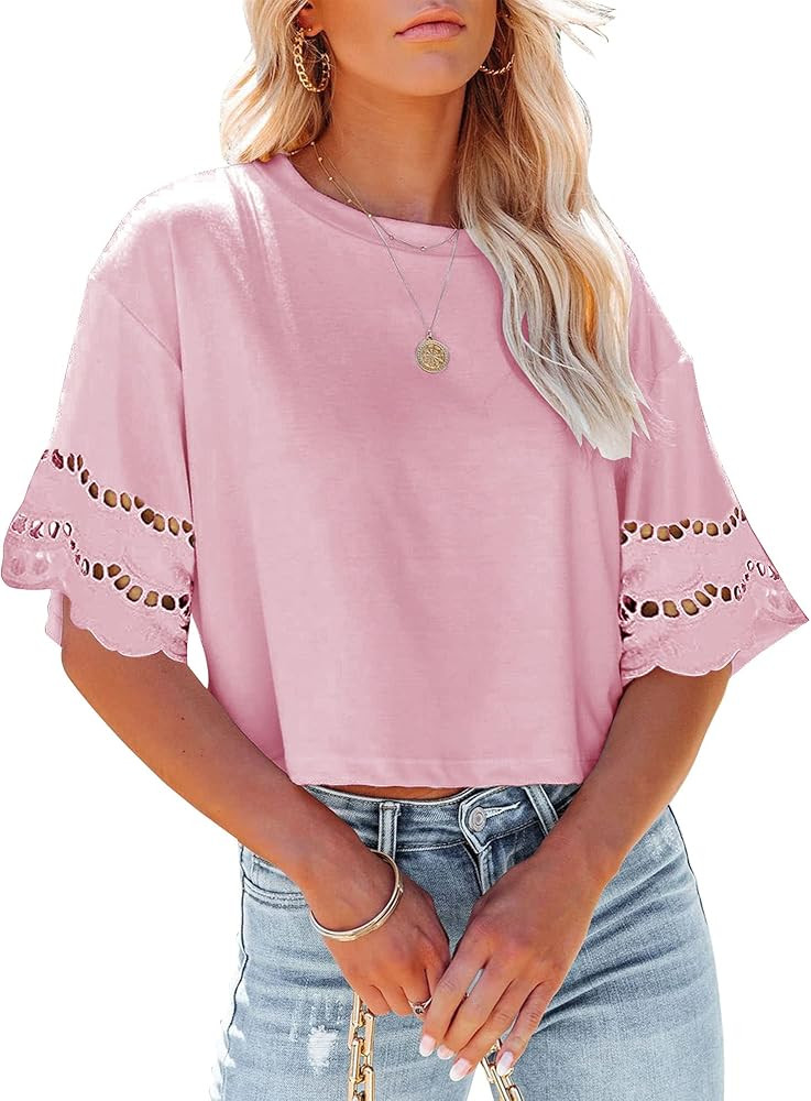 Yuccalley Women's Lace Short Sleeve Crop Tops Summer Casual Round Neck Tees | Amazon (US)