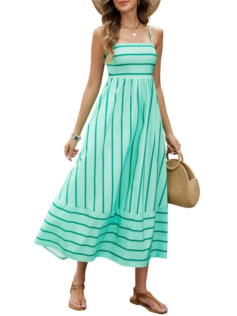 HVEOO Women Boho Long Dress Spaghetti Strap Flowy Maxi Dress Beach A Line Sundress, Green | Walmart (US)