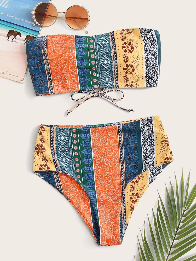 Lace-up Back Bandeau Bikini Swimsuit | SHEIN