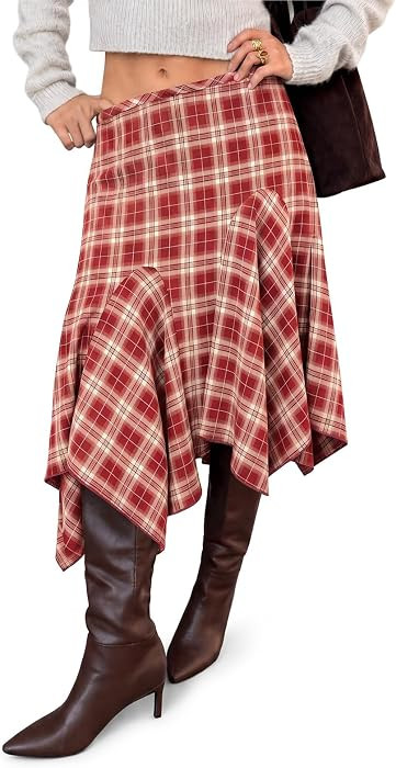 Women's Plaid Midi Skirts Y2k Low Waist Asymmetrical Flowy Skirt | Amazon (US)