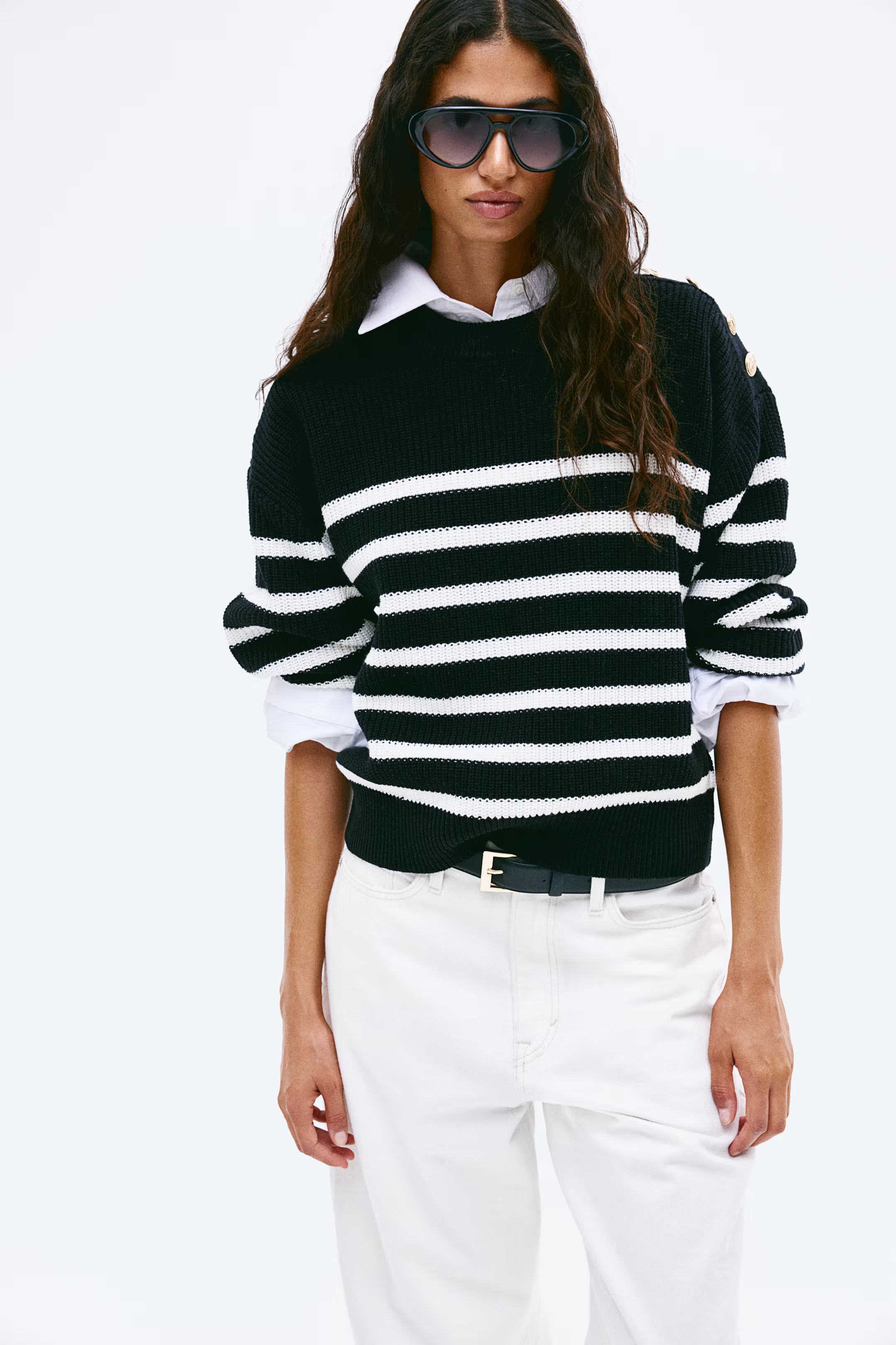Button-Detail Sweater - Round Neck - Long sleeve - Black/striped - Ladies | H&M US | H&M (US + CA)