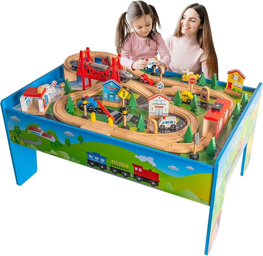 FUNPENY Train Table Toys,Wooden Train Track Railway City Sets Table for Kids Toddlers | Amazon (US)
