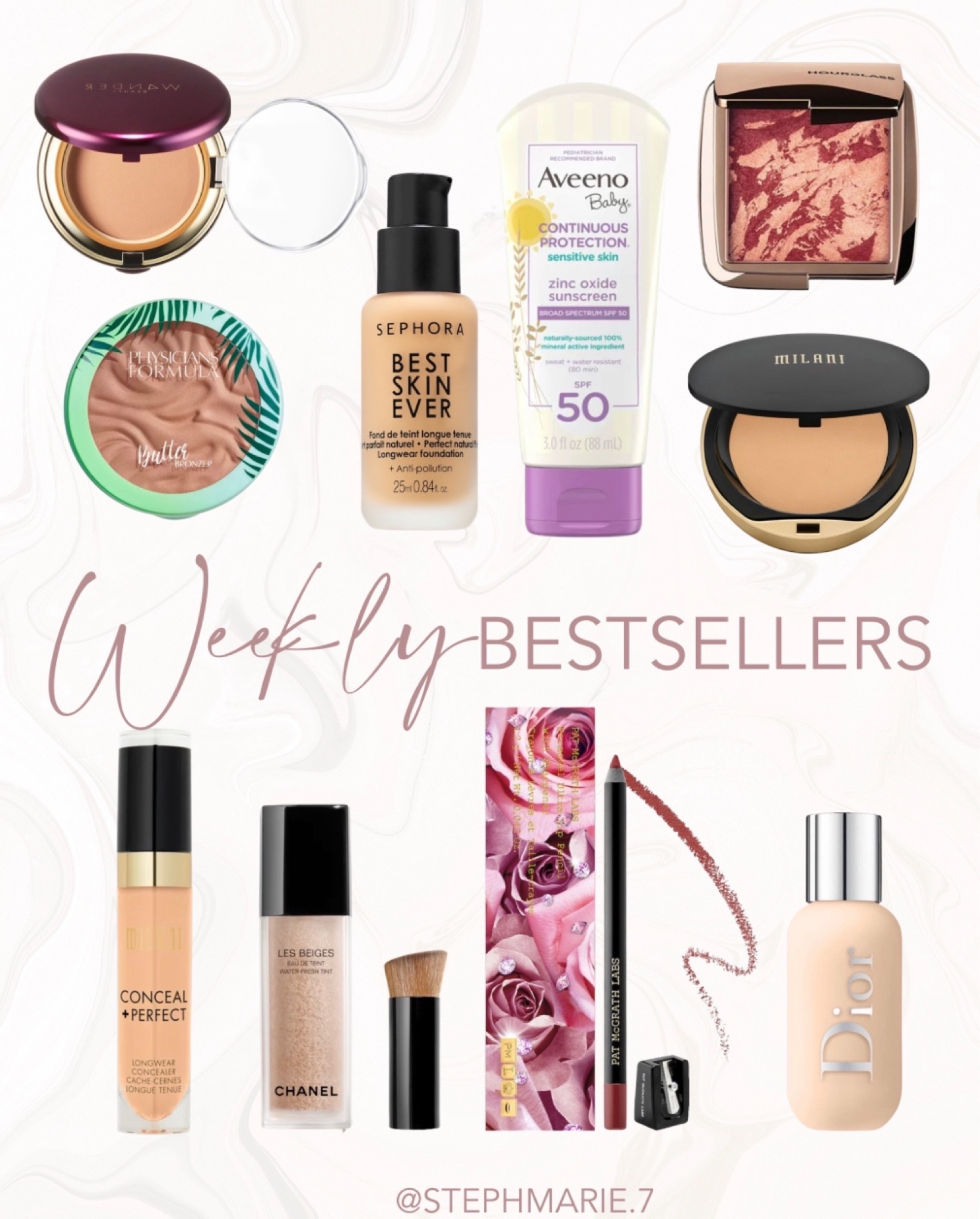 weekly best sellers / favorite beauty products / popular beauty products / makeup finds / physicians formula bronzer / Dior makeup / Chanel makeup / Aveeno   lotion / Milani makeup / Pat McGarth lip liner / hourglass blush / sephora makeup 

#LTKbeauty #LTKSeasonal #LTKitbag