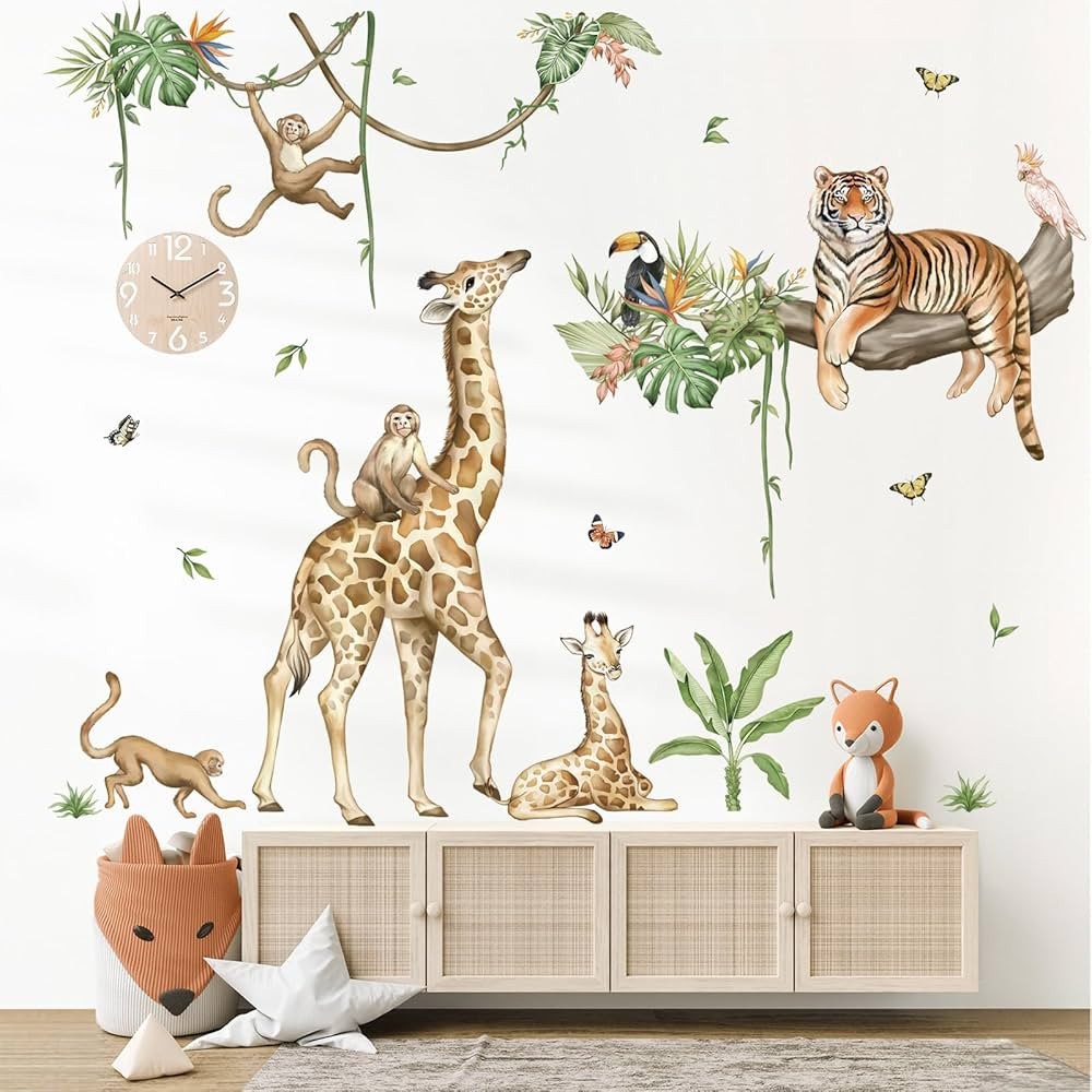 wondever Large Jungle Animal Tree Branch Wall Stickers Safari Giraffe Tiger Monkey Peel and Stick... | Amazon (US)