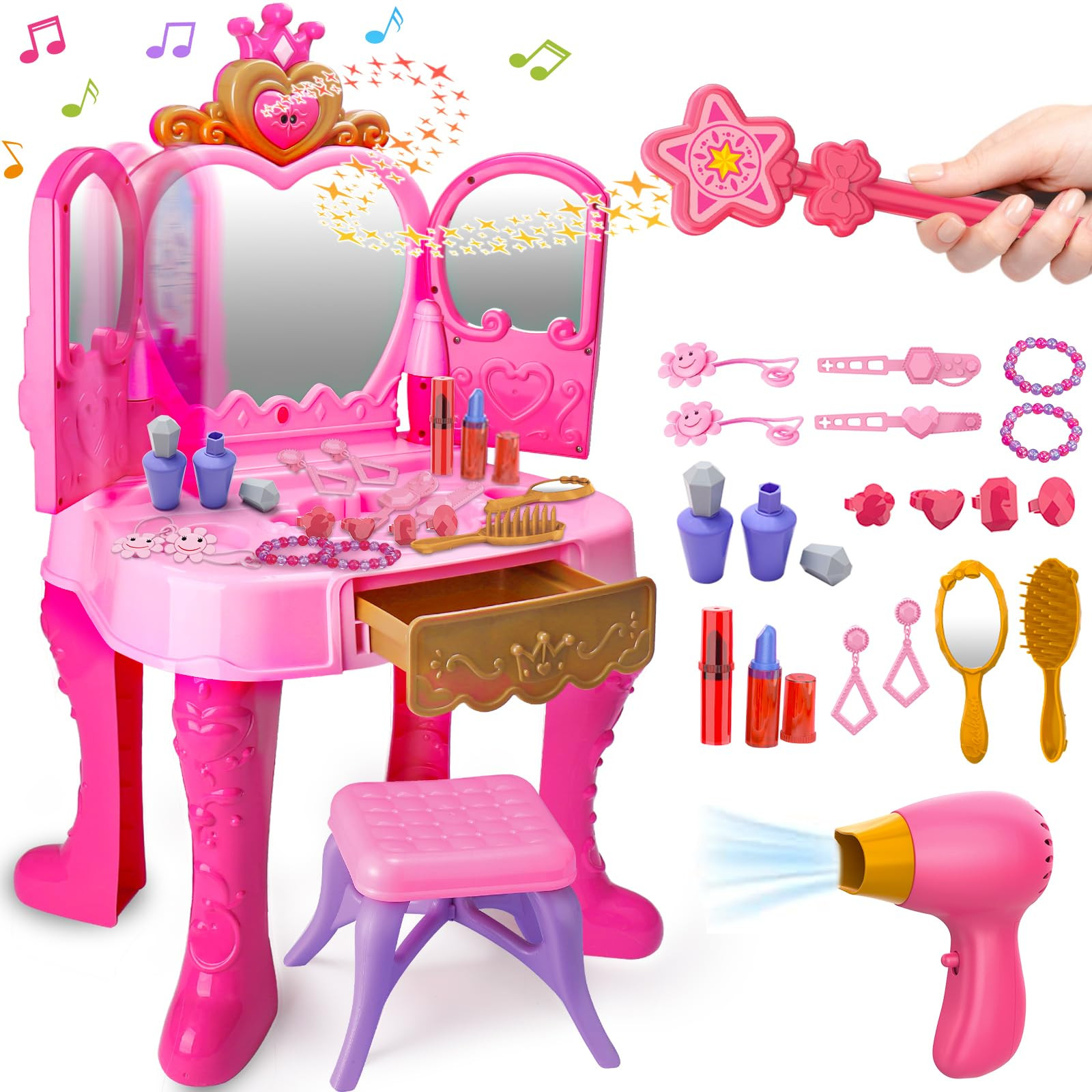 Toddler Vanity Magic Makeup Set Table and Chair Girl Toy Automatically Mirror with Music Light Pi... | Amazon (US)