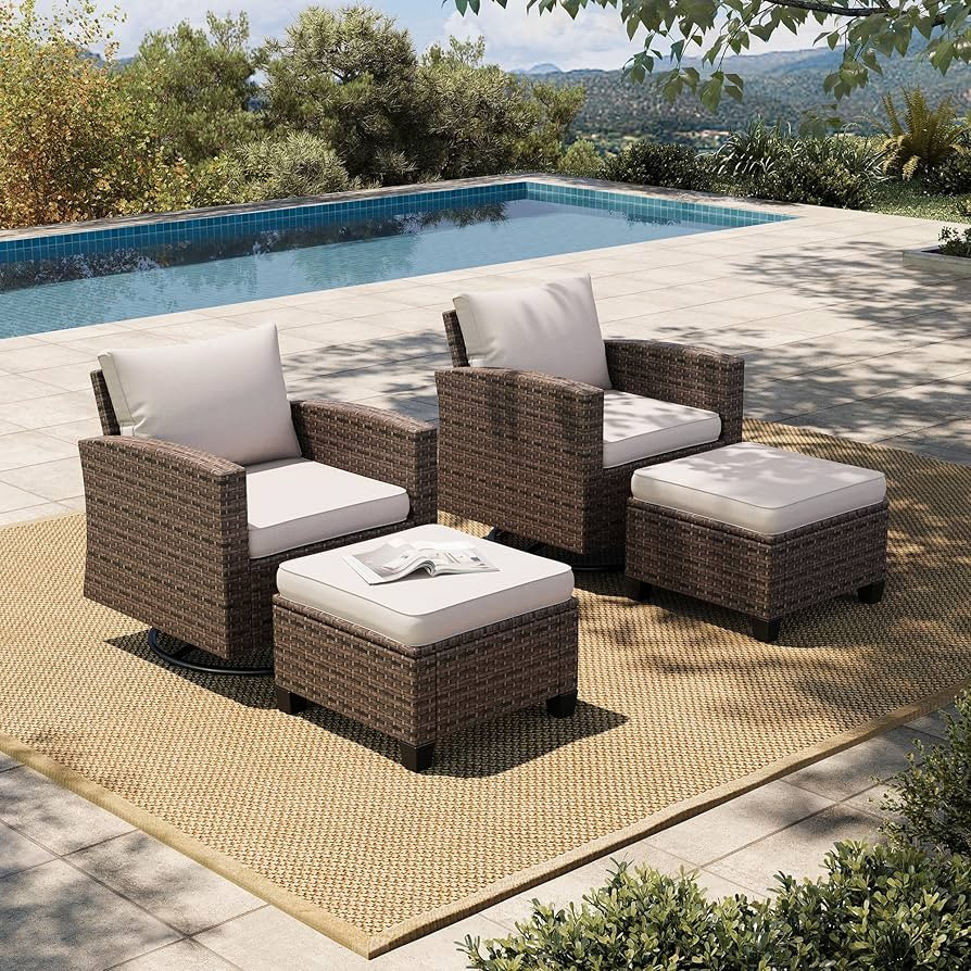 HERA'S HOUSE Patio Wicker Chairs Outdoor Swivel Rocker Chairs Set with Ottomans, 4 Piece Outdoor ... | Amazon (US)