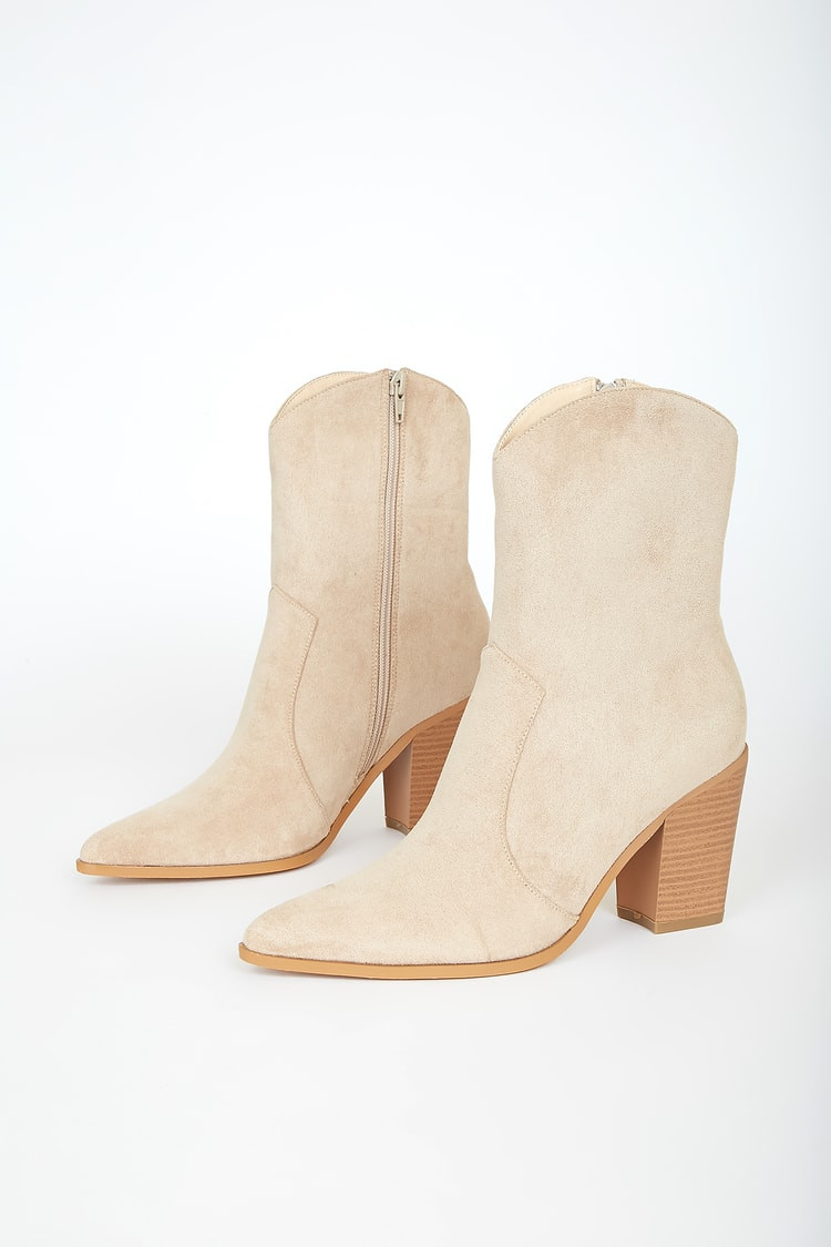 Eleora Medium Nude Suede Mid-Calf High Heel Boots | Lulus (US)