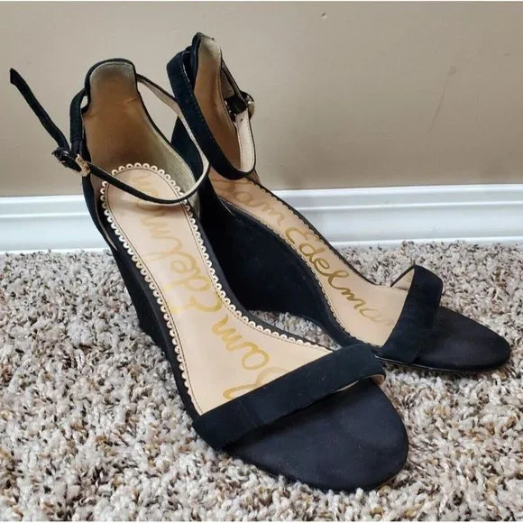 Sam Edelman Neesa Black Velvour Wedge Ankle Strap Pumps Sz 8 | Poshmark