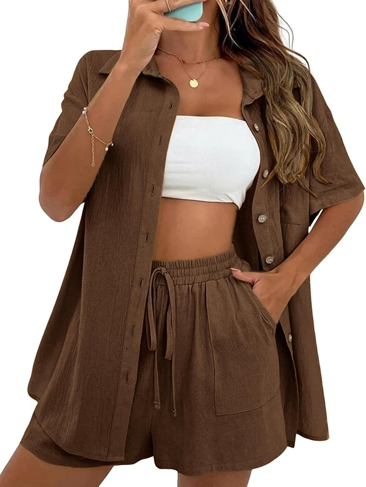 APAFES Women Summer Cotton Linen Short Sets 2 Piece Shorts Top Lounge Beach Vacation Two Piece Ou... | Amazon (US)