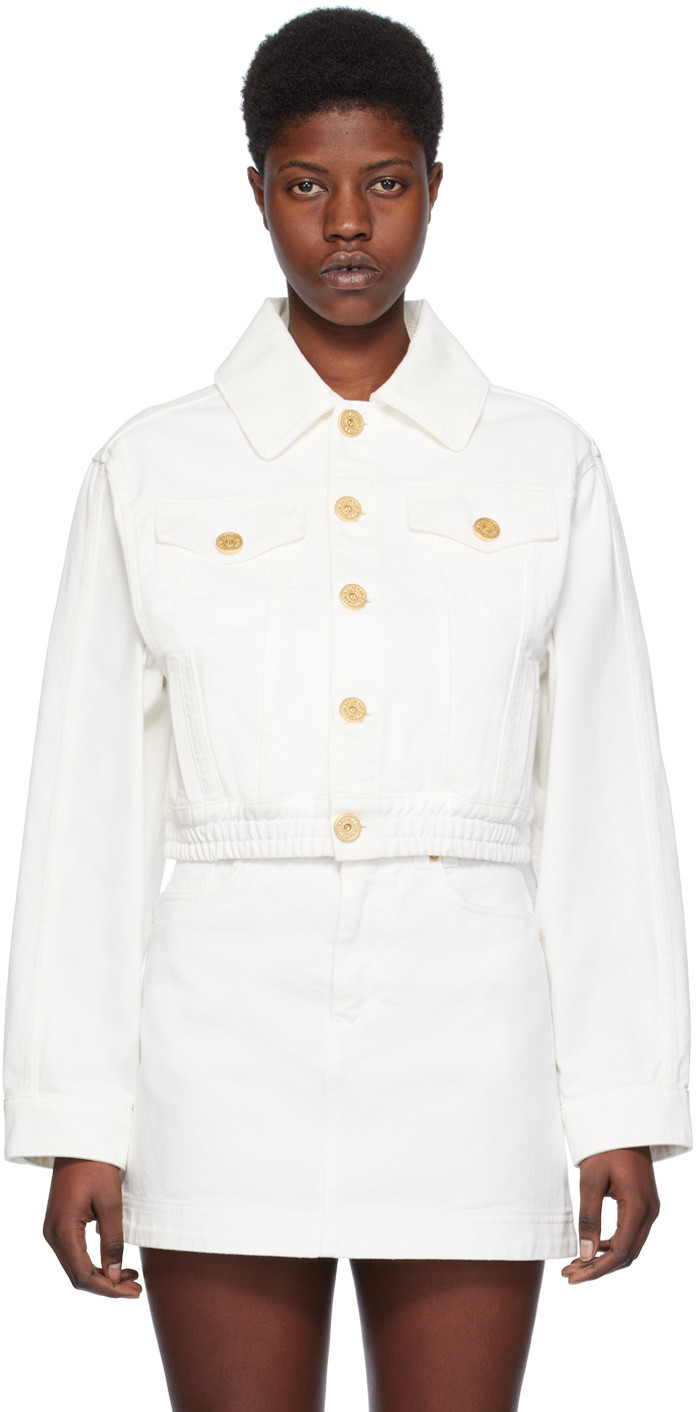 BALMAIN White Cropped Denim Jacket | SSENSE