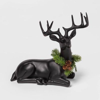 12.9" x 6.2" Resin Sitting Deer Figurine with Wreath Black - Threshold™ | Target