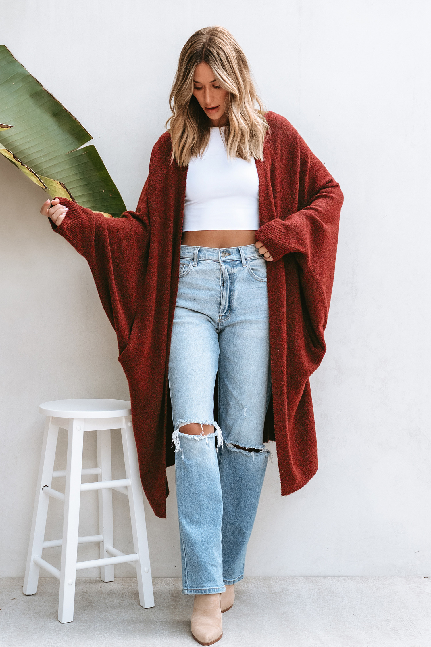 Burgundy Open Front Dolman Sleeve Longline Cardigan - L | Cupshe US