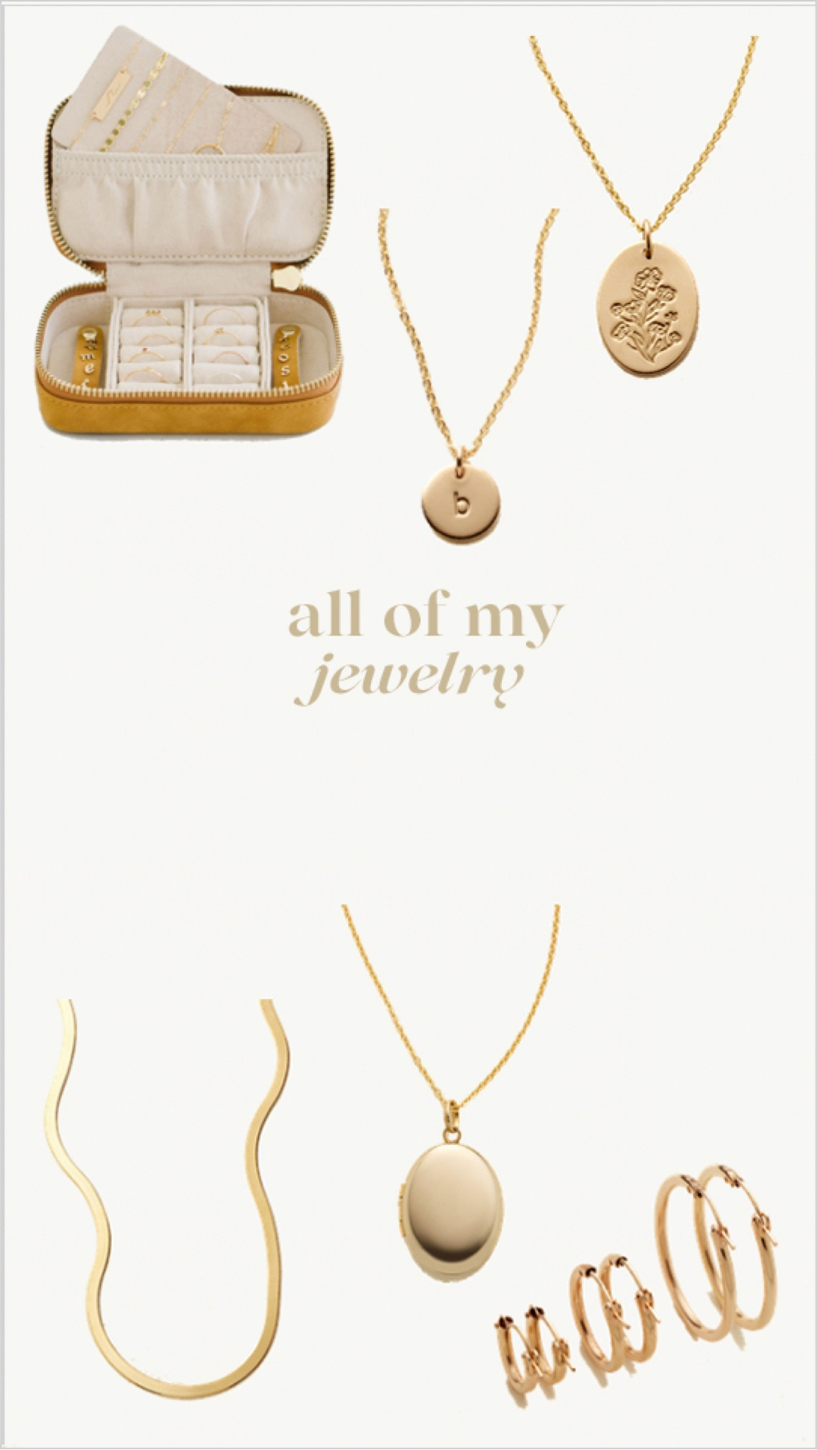 This is ALL of my current jewelry, aside from my wedding ring. Each of the necklaces I have in different chain lengths so I can mix and match and adjust according to the neckline of the shirt I’m wearing! Also these earrings I literally never take out!