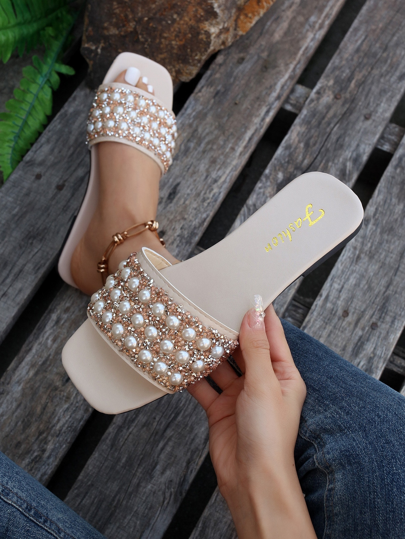 Glamorous Beige Sandals For Women, Rhinestone & Faux Pearl Decor Slide Sandals | SHEIN