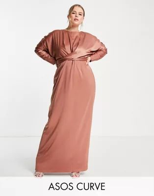 ASOS DESIGN Curve satin maxi dress with batwing sleeve and wrap waist in mink | ASOS | ASOS (Global)