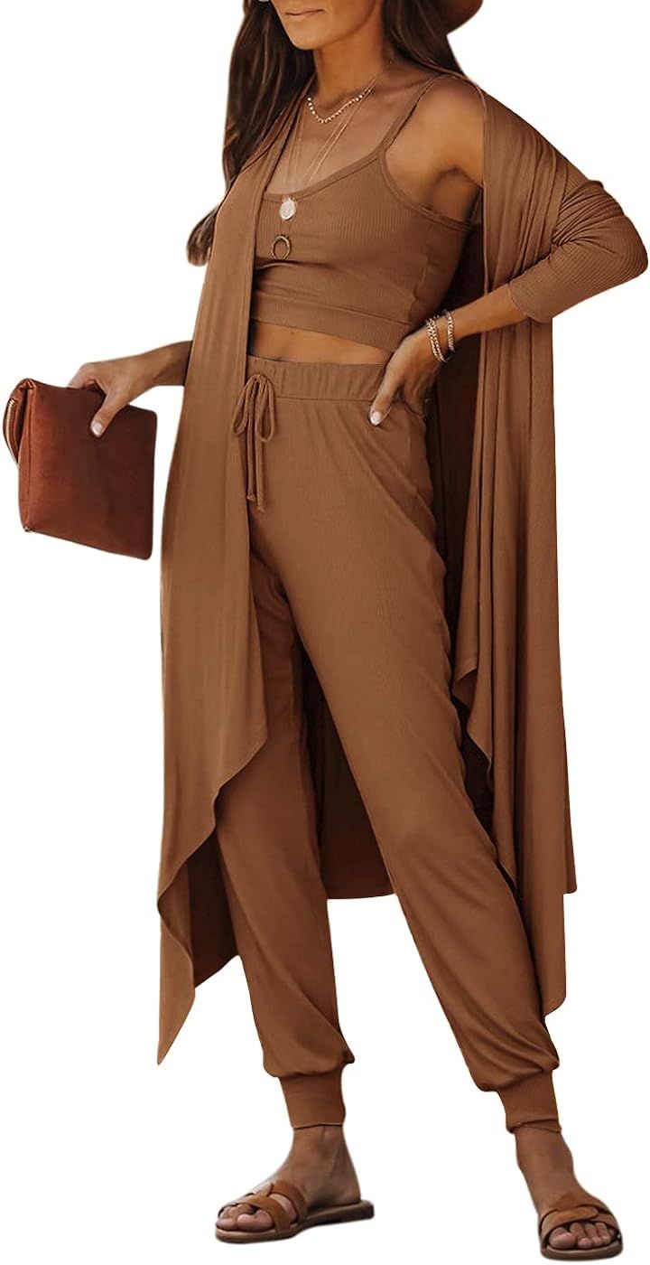 Cosygal Women's Crop Top Cardigan and Wide Leg Long Palazzo Pants Jumpsuit Romper Set Three Piece Ou | Amazon (US)