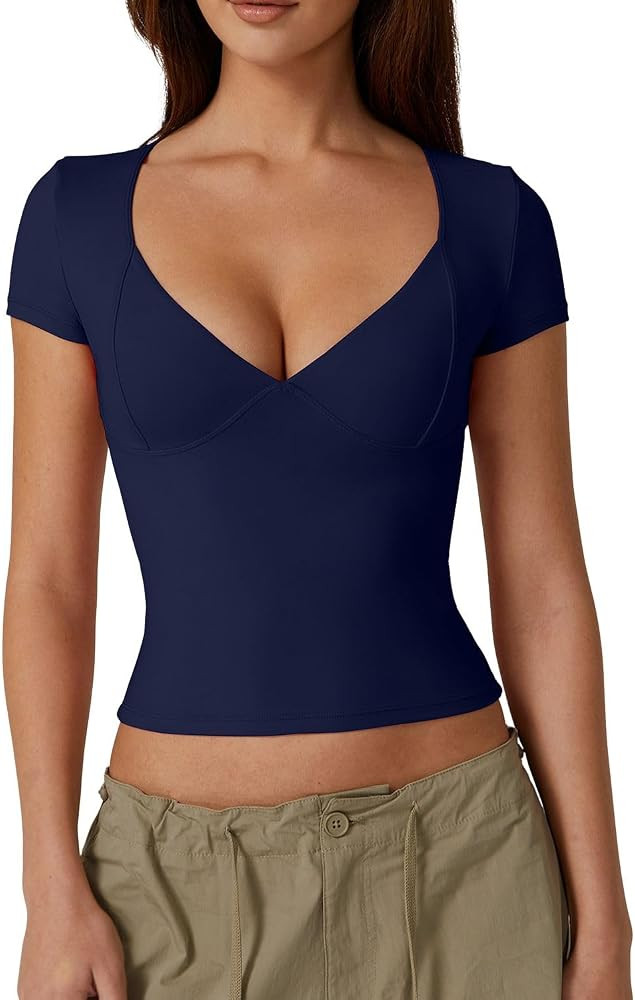 QINSEN Women's V Neck Short Sleeve T Shirts Double Lined Tee Seamed Cup Going Out Tops | Amazon (US)