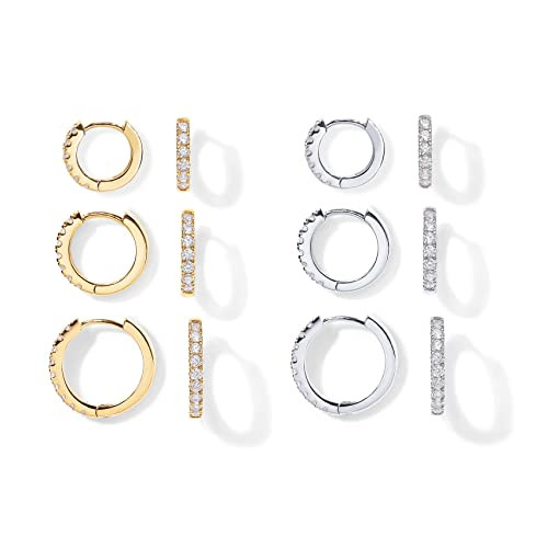 PAVOI 18K Gold Plated 925 Sterling Silver Post, 6 Pairs Small Gold Hoop Earrings Set | White & Yellow Pack Mini Cartilage Helix Huggie Hoops for Women Men 8mm 10mm 12mm | Amazon (US)