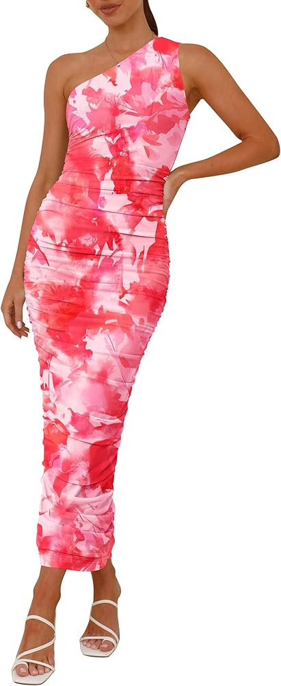 PRETTYGARDEN Women's One Shoulder Bodycon Dresses Summer 2025 Ruched Floral Beach Cocktail Weddin... | Amazon (US)