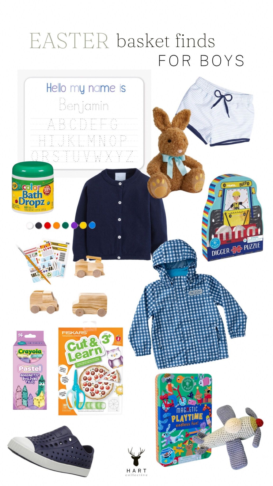 Easter basket fillers for the boys! 

These are some of the cute items I've found or purchased for our preschool, toddler, and baby boys to be more substantial gifts. I love how original and practical they are, and that they are still a good size to fit in a basket with some treat-filled eggs (one color per kiddo) and dollar spot knick knacks. 

navy classic little english cardigan sweater | preppy blue gingham prodoh rain jacket | light blue stripe short swimsuit for boys | personalized easter caden lane handwriting dry erase board | construction puzzle for toddlers | magnet busy toy for travel | car painting kit | traditional stuffed bunny | educational toy fine motor cutting | pastel magnetic tiles | bath tub water color tablets | navy waterproof native jefferson no-tie toddler shoes | knit airplane baby toy

#LTKSeasonal #LTKfindsunder50 #LTKkids