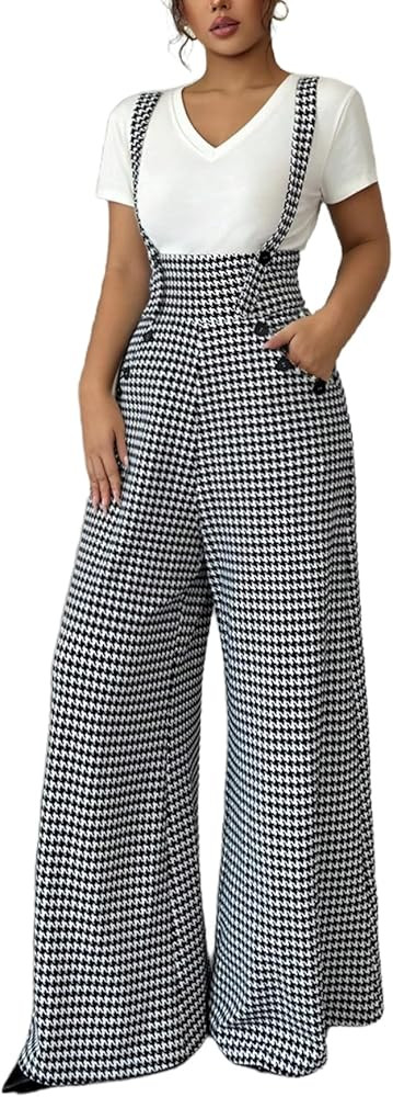 Milumia Women's Houndstooth Print Overalls Jumpsuit Casual Sleeveless Wide Leg Pants Romper | Amazon (US)