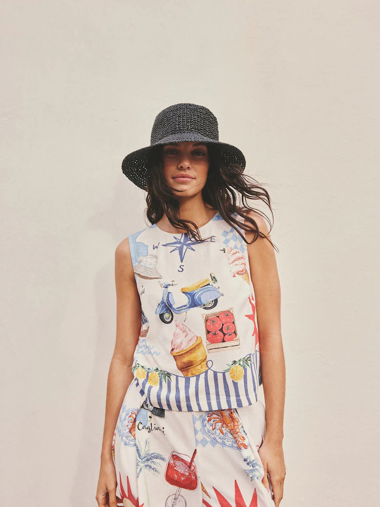 Cream/Red Map Print Linen Blend Shell Top | Next US
