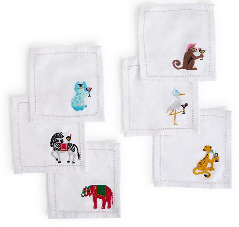 S/6 Cotton Hemstitch Embroidered "Party Animals" Cocktail Napkins-fun napkins-cocktail napkins-co... | Etsy (US)