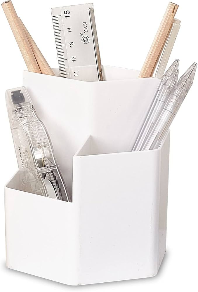 White Pen Pencil Holder for Desk Office With 3 Spacious Independent Compartments, Desk Organizer,... | Amazon (US)