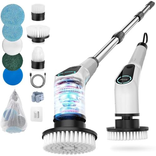 Dovety Electric Spin Scrubber, Shower Scrubber, Power Cleaner Tools with 8 Replaceable Brush Heads, Cleaning Brush with Extension Handle, 2 Adjustable Speeds, 90Mins Work Time for Home Bathtub-White | Amazon (US)
