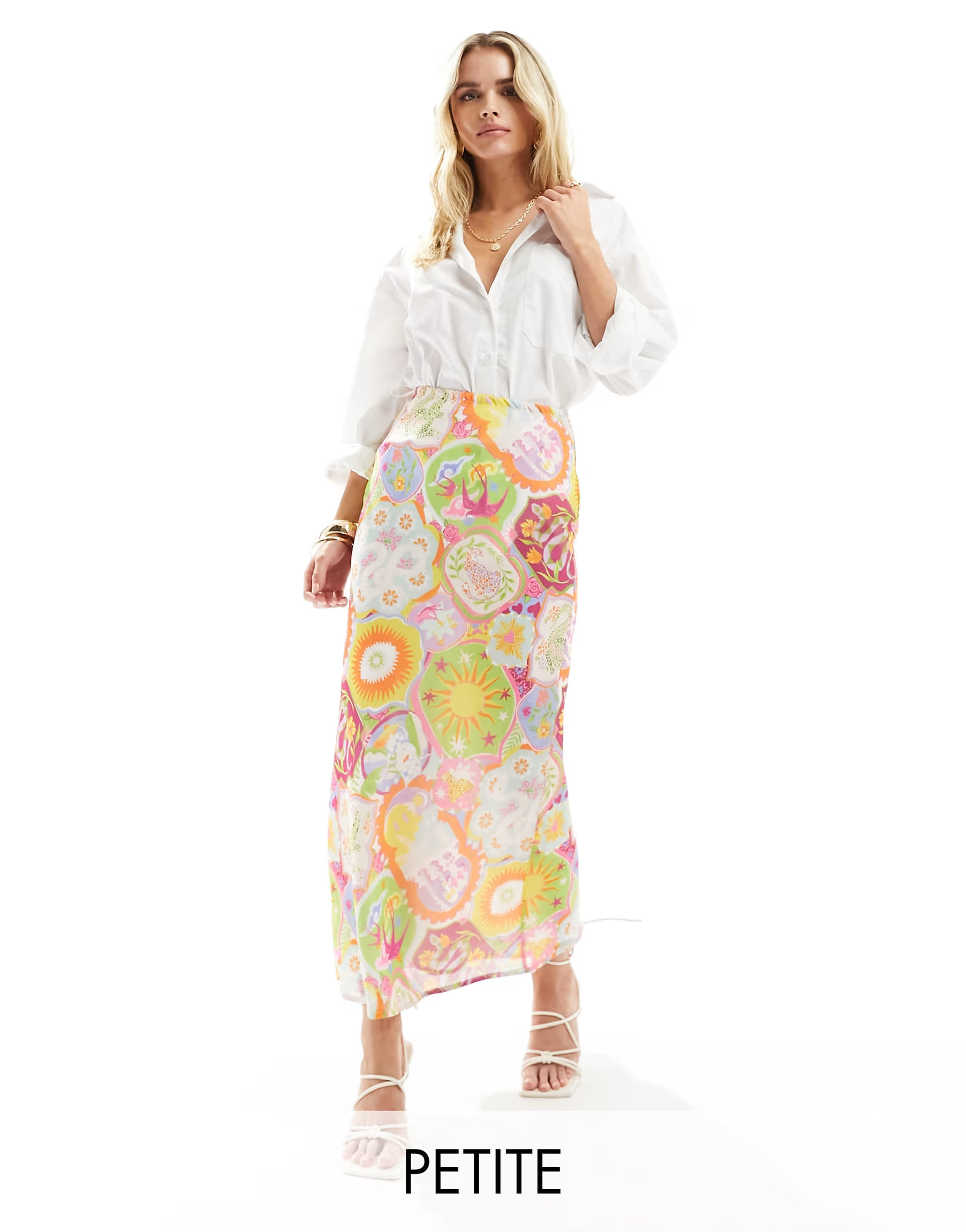 Never Fully Dressed Petite maxi skirt in mixed sunshine print | ASOS (Global)