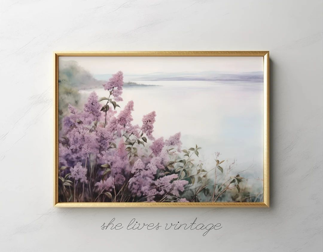 Floral Spring Print Lilac Landscape Printable Foggy Coastal Artwork Purple Flowers Digital Downlo... | Etsy (US)