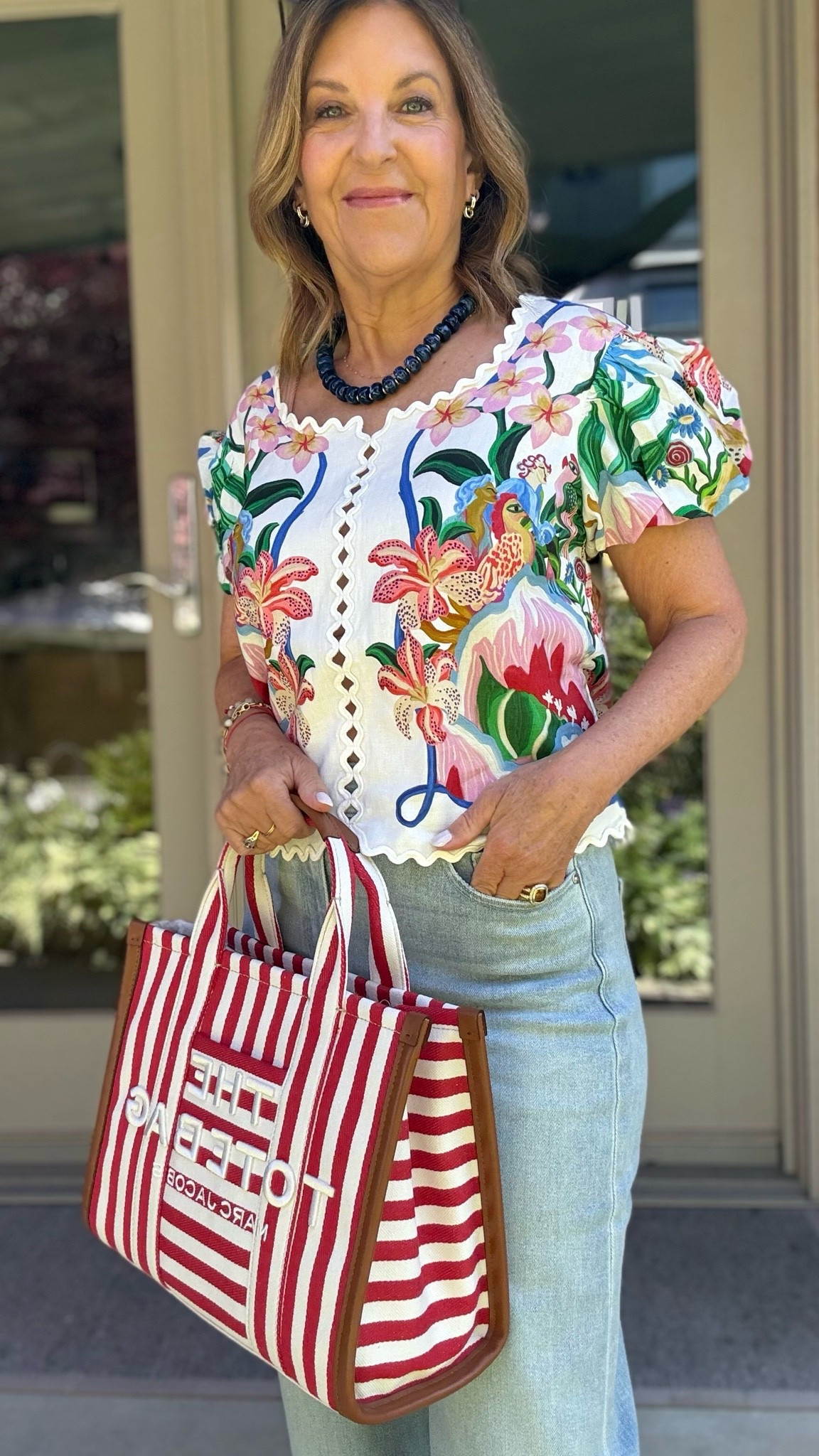 Wearing color today with Farm Rio and PAIGE Anessa jeans! 

Top runs tts
Jeans run big. If between sizes, size down.

#LTKSeasonal #LTKOver40 #LTKPetite
